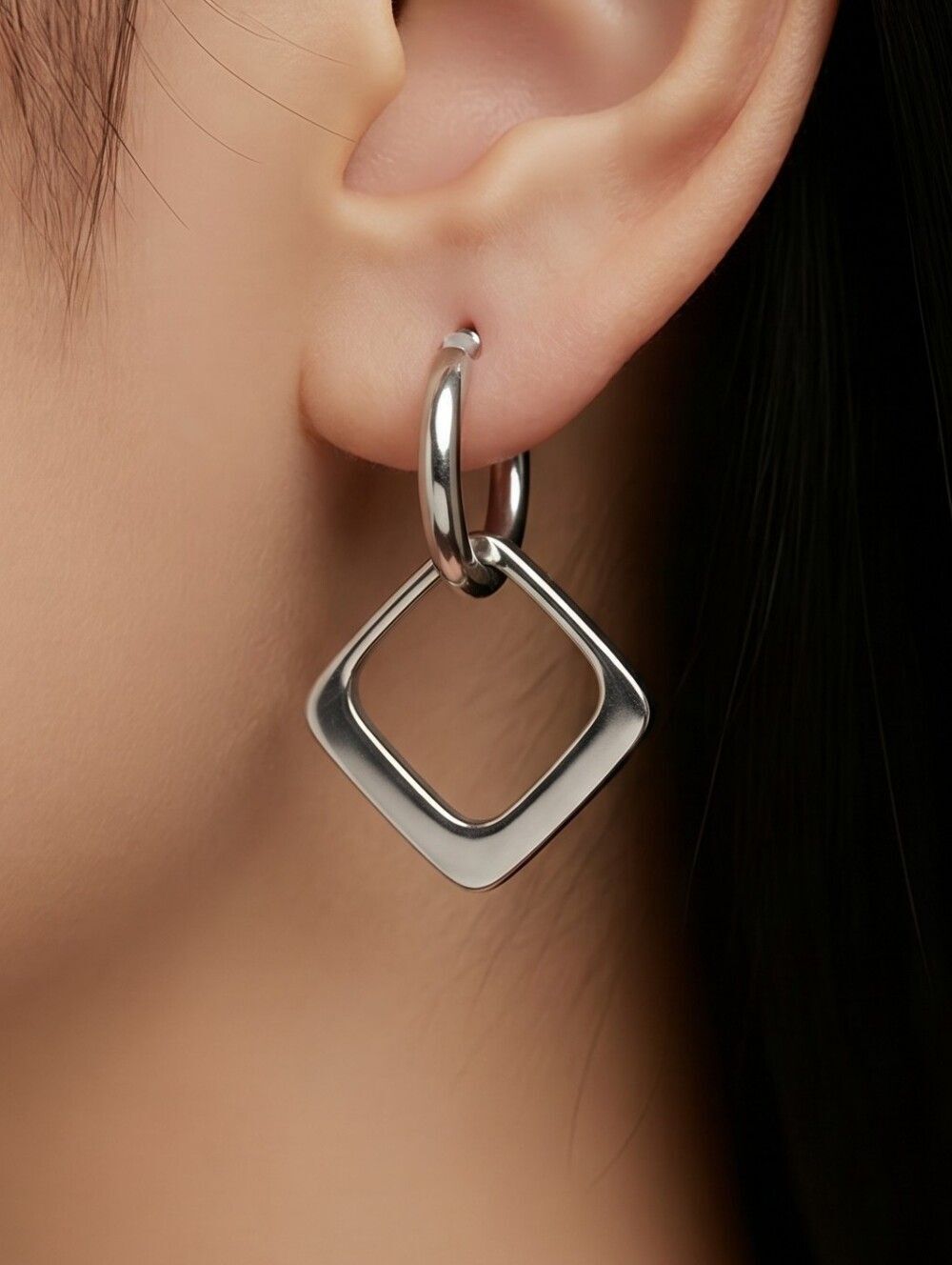 Silver Geometric Hoop Drop Earrings Square Dangle Stainless Steel Minimalist